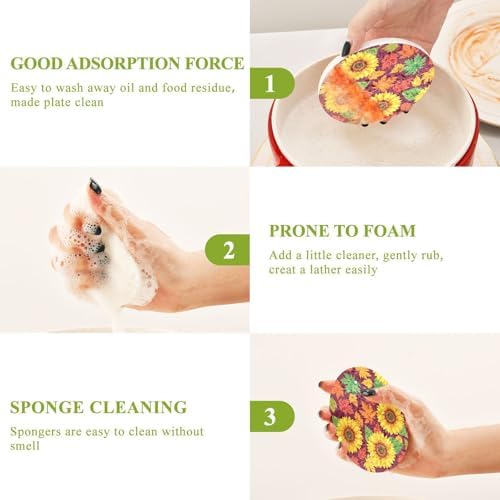 Autumn Leaves Sunflowers Dish Scrub Sponges Kitchen Fall Maple Leaves Non Scratch Reusable Compressed Cellulose Sponge Hanging for Household Cleaning Washing Dishes Pots and Pans 3 Pack - Image 4