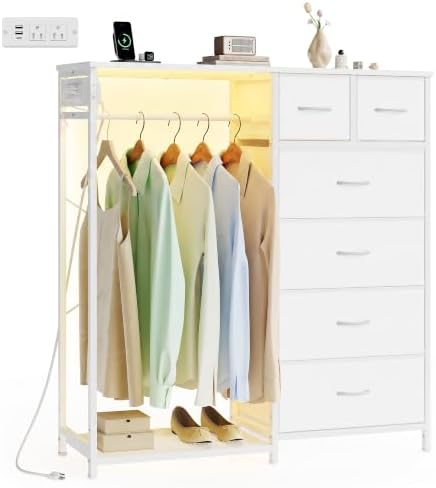 SONGMICS Dresser with Hanging Rod, Closet Organizer with 6 Fabric Drawers