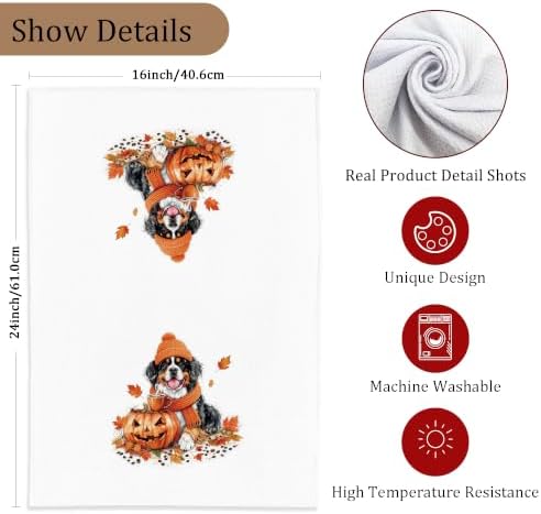 Fall Halloween Pumpkin Bernese Mountain Dog Kitchen Towels, Bernese Mountain Dog Gifts, Autumn Coffee Dish Tea Towels for Kitchen, Fall Halloween Hand Towel for Bathroom, 16x24 Inch - Image 7