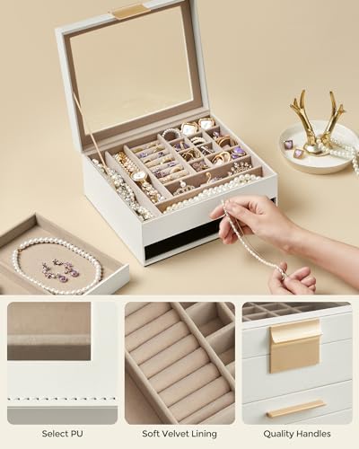 SONGMICS Jewelry Box Organizer, 2-Layer Storage with 1 Drawers, Glass Lid