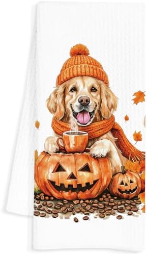 Fall Pumpkin Golden Retriever Kitchen Towels, Golden Retriever Gifts, Farmhouse Autumn Coffee Dog Dish Tea Towels for Kitchen, Halloween Pumpkin Decorative Hand Towel for Bathroom, 16x24 Inch by Unknown