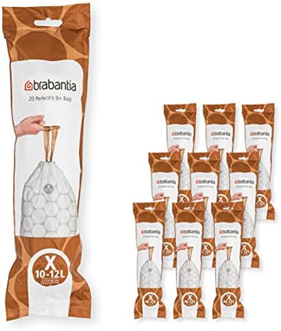 Brabantia PerfectFit Trash Bags (Size X/2.6-3.2 Gal) Thick Plastic Trash Can Liners with Drawstring Handles (200 Bags)