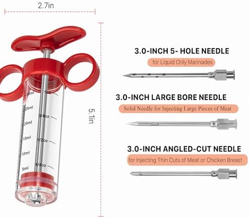 Kingsmile Meat Injector, Turkey Injector Syringe - 3 Needles for BBQ Grill, 1oz Meat Injector Syringe, Injector Marinades for Meats, Meat Injectors for Smoking 1 Cleaning Brush Easy to Use & Clean Red - Image 4