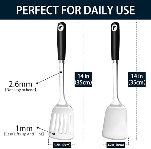 14-in Spatula Set, 18/0 Stianless Steel Heavy Duty Turner & Slotted Spatula, Kitchen Cooking Utensils Set, High Heat Resistant, Grilling Frying Serving Food, Pack of 2 - Image 4