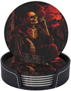 Halloween Skeleton Coasters with Holder Leather Coasters for Drinks Set of 6 Funny Halloween Drink Coasters Sets for Living Room Kitchen Coffee Bar Holiday Decor