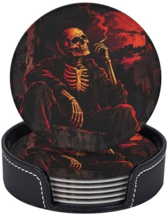 Halloween Skeleton Coasters with Holder Leather Coasters for Drinks Set of 6 Funny Halloween Drink Coasters Sets for Living Room Kitchen Coffee Bar Holiday Decor