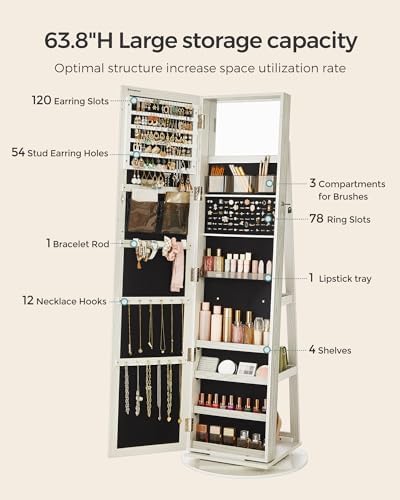 SONGMICS 360° Swivel Jewelry Cabinet, Full-Length Mirror, Lockable