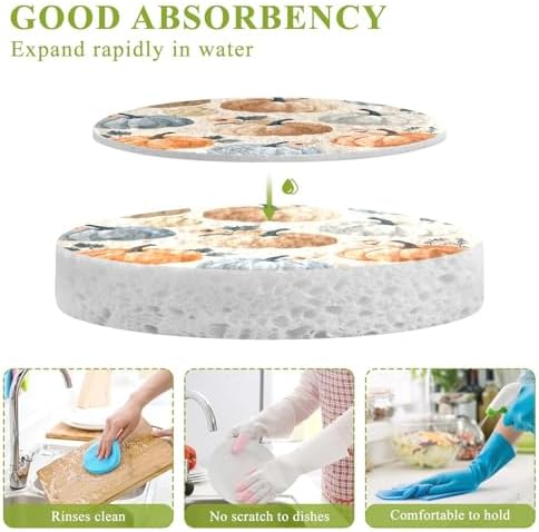 YETTASBIN Thanksgiving Pumpkin 3PCS Wood Pulp Scrub Sponges, Reusable Absorbent Household Cleaning Sponge Non-Scratch Kitchen Dish Sponges, Multi-Surface Safe Scrubber for Nonstick Pans, Pots - Image 3