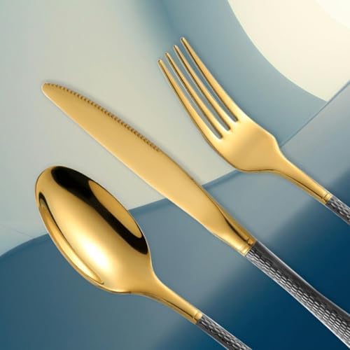 Hammered Black Gold Silverware Set,20 Piece Modern Flatware Set Service for 4,Mirror Polished Stainless Steel Cutlery Set Utensil Set Tableware Set,Kitchen Knives Forks Spoons Set,Dishwasher Safe ﻿