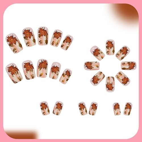 24Pcs Fall Maple Leaf Press on Nails Short Square Fake Nails with Gold Foil Stripe Design Thanksgiving False Nails Reusable Artificial Nail Glossy Full Cover Glue on Nail Stick on Nails for Women - Image 5