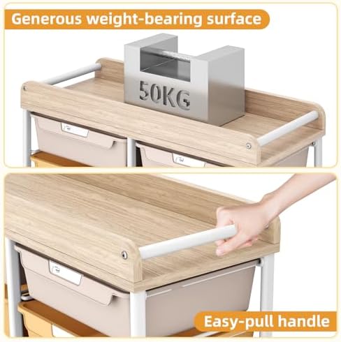 10 Drawer Rolling Storage Cart with Wood Top for Classroom Crafts Colorful