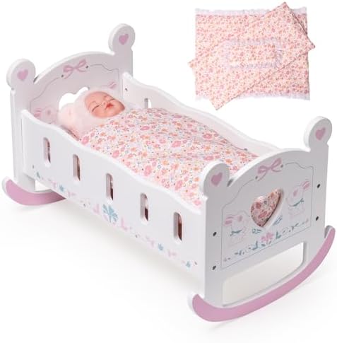 ROBOTIME Wooden Baby Doll Crib for 18-24 Inch Dolls, Age 3+