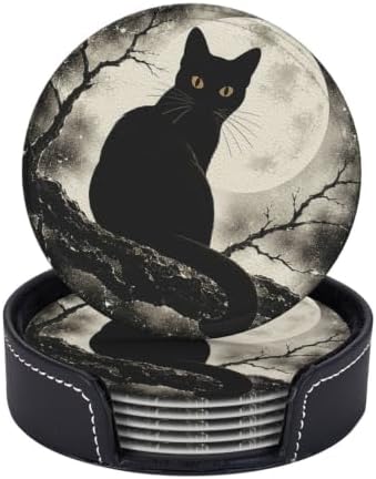 Halloween Black Cat Coasters with Holder Leather Coasters for Drinks Set of 6 Funny Halloween Drink Coasters Sets for Living Room Kitchen Coffee Bar Holiday Decor
