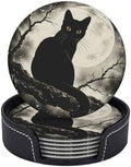 Halloween Black Cat Coasters with Holder Leather Coasters for Drinks Set of 6 Funny Halloween Drink Coasters Sets for Living Room Kitchen Coffee Bar Holiday Decor