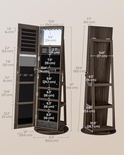 SONGMICS 6 LEDs Mirror Jewelry Cabinet Organizer, 360° Swivel, Lockable