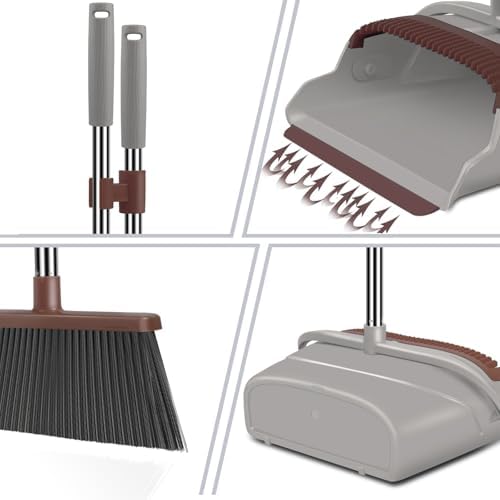 Upgrade Broom and Dustpan Set, Self-Cleaning with Dustpan Teeth, Ideal for Dog Cat Pets Home Use, Super Long Handle Upright Stand Up Broom and Dustpan Set (Brown)