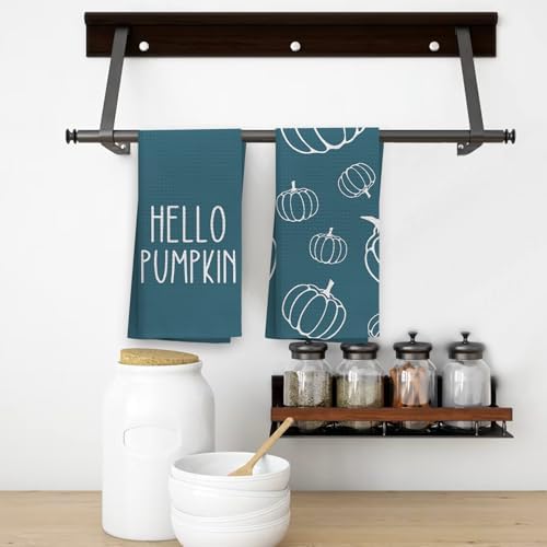 OHSUL Fall Kitchen Towels, Autumn Pumpkin Decor, Seasonal Hand Dish Towels, Bottle-Green Fall Decorations for Home, Bathroom Accent, Housewarming Gifts, Set of 2 - Image 5