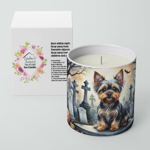Caroline's Treasures DAC2061CDL Yorkshire Terrier Spooky Halloween Decorative Soy Candle Nature Soy Wax Essential Oil Home Decor Ideal for Bedroom Kitchen Bath Office Gift, 10 oz