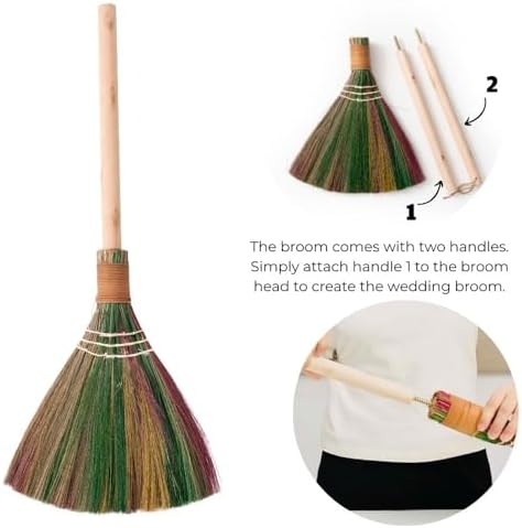 Elegant Wedding Brooms Bride Bridegroom, Jumping The Broom for Wedding, Natural Whisk Broom with Ribbons, Artificial Pearl, Leaves,Roses for Decorative