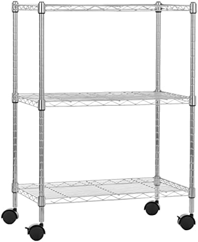Amazon Basics 3-Shelf Heavy Duty Adjustable Wire Shelving Storage Rack on 2" PP Plastic Wheel Casters, Steel Utility Shelving Unit for Garage and Laundry Room, 23.2" x 13.4" x 32.75", Chrome