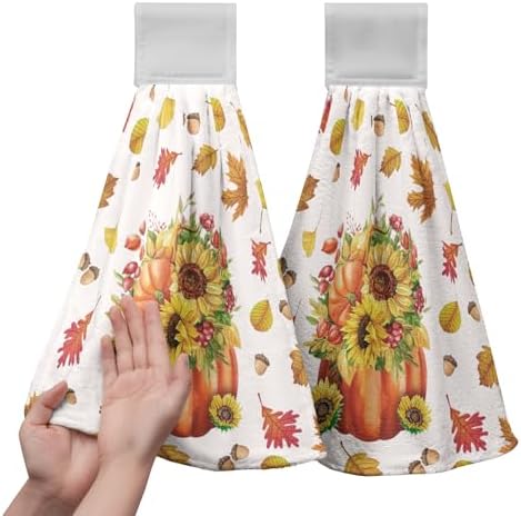 Fall Pumpkin Sunflower Bathroom Hand Tie Towel Autumn Maple Leaf Hanging Dish Towels Set of 2 Decorative Kitchen Towel Soft Absorbent Towels for Bathroom Kitchen Home Decor 17 * 12 Inch