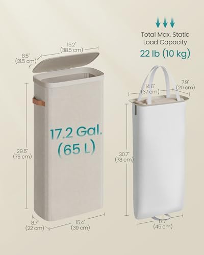 SONGMICS Laundry Basket, 65L Laundry Hamper with Lid, 1 Removable Liner Bag