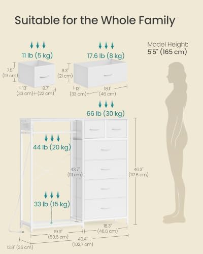 SONGMICS Dresser with Hanging Rod, Closet Organizer with 6 Fabric Drawers