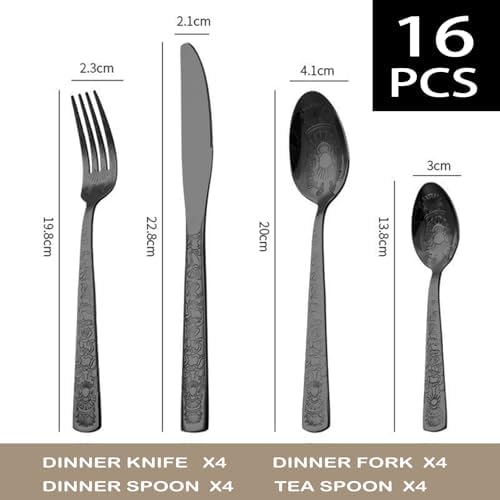 Black Rose Floral Silverware Set for 4, 16 Pcs Stainless Steel Vintage Flatware Set with Flower Unique Embossed Pattern Design Include Forks Spoons Knives Kitchen Tableware Wedding Dishwasher Safe