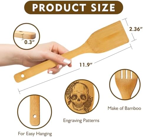 6 Pcs Skull Engraved Bamboo Cooking Utensils Set, Halloween Gifts for Friends, Cool Cooking Spoons Set Gift for Women Men, Birthdays Housewarming Gifts