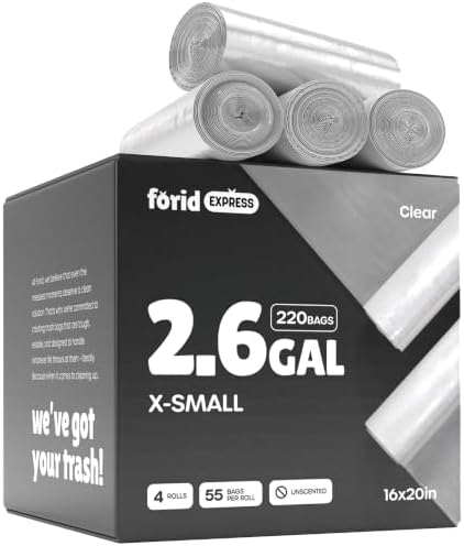 FORID Clear Small Trash Bags, 2.6 Gallon Garbage Bags, Wastebasket Bin Liners 220 Count Plastic Trash Bags for Bathroom Bedroom Office Garbage Can 10 Liters - Durable & Thick Trash Bag