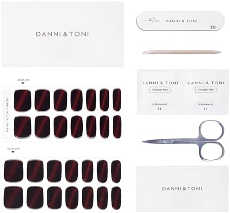 DANNI & TONI Semi Cured Gel Nail Strips Dark Red (Bonfire Night) Cat Eye Magnetic Gel Nail Wraps 28 Stickers