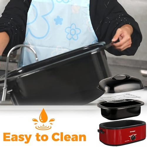 18 Quart Roaster Oven with Self-Basting Lid, Large Electric Turkey Roaster Oven with Defrost & Warm Function, Adjustable Temperature, Removable Pan & Rack, Stainless Steel, Red - Image 6