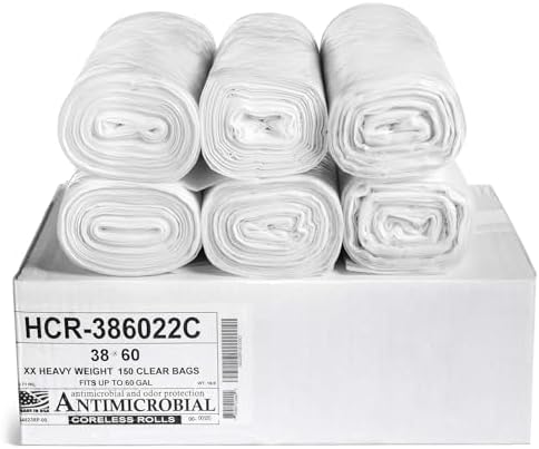 Aluf Plastics 60 Gal Clear Trash Bags, 22 Micron (EQ.), 38" x 60" (150 Pk)