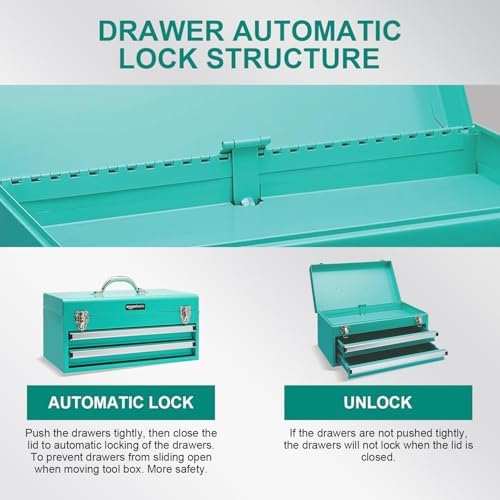Amazon Basics Metal Tool Box with Drawers, Storage and Organization Tool Chest, Powder Coat Finish, 18.1 x 8.7 x 9.5 in, Turquoise