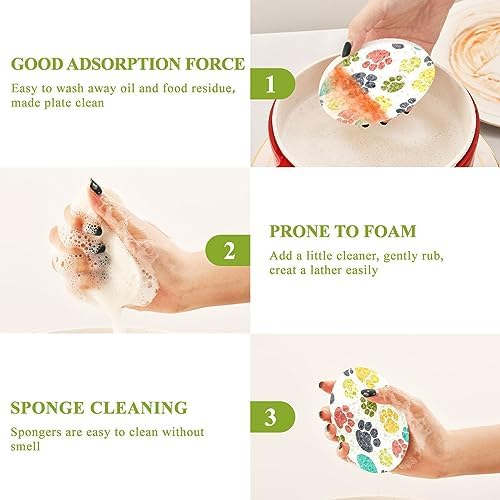 Colorful Doodle Paw Prints Kitchen Sponges Animal Puppy Dog Cleaning Dish Sponges Non-Scratch Natural Scrubber Sponge for Kitchen Bathroom Cars, pack of 3 - Image 4