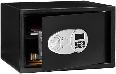 Amazon Basics Steel Security Safe and Lock Box with Digital Keypad, Easy to Use, Removable Shelf, Secure Cash, Jewelry, Documents, Black, 1.2 Cubic Feet, 16.9-x-14.6-x-10.6-inches (WxDxH)