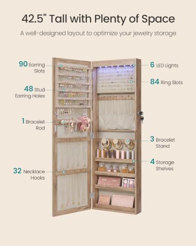 SONGMICS Jewelry Cabinet, Wall or Door Mounted Armoire, 6 LED Lights