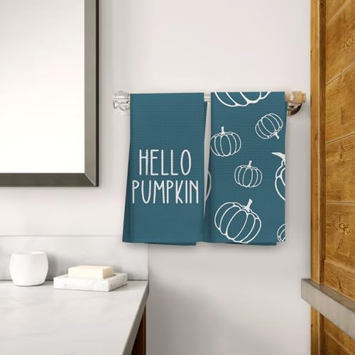 OHSUL Fall Kitchen Towels, Autumn Pumpkin Decor, Seasonal Hand Dish Towels, Bottle-Green Fall Decorations for Home, Bathroom Accent, Housewarming Gifts, Set of 2 - Image 2