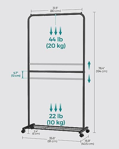 SONGMICS Clothes Rack with Wheels, Metal Garment Rack, Mesh Storage Shelf