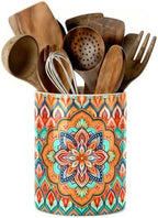 Orange Bohemian Kitchen Utensil Holder, Boho Style Ceramic Utensil Holder For Countertop Organizer, 6.3'' Winter Cooking Utensil Crocks Festivel Decor Utensil Storage Cup for Spatulas, Spoons