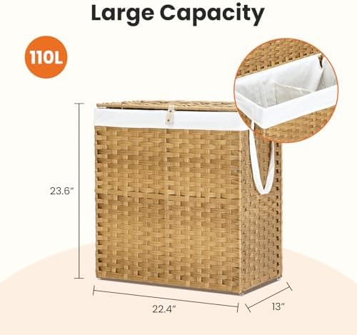 DUMOS Wicker Laundry Basket with Lid, 110L Woven Laundry Hamper with Handles, Foldable Rattan Clothes Hamper with Removable Liner & Sturdy Steel Frame, Goose Yellow