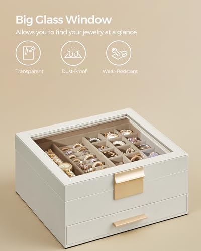 SONGMICS Jewelry Box Organizer, 2-Layer Storage with 1 Drawers, Glass Lid