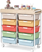 10 Drawer Rolling Storage Cart with Wood Top for Classroom Crafts Colorful