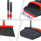 Upgrade Broom and Dustpan Set, Broom with Dustpan Combo Set, Large Size and with Long Handle, Upright,Ideal for Indoor Outdoor Garage Kitchen Room Office Lobby Use (Black&Red)