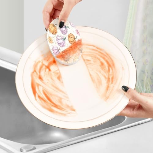 YETTASBIN Thanksgiving Pumpkin 3PCS Wood Pulp Scrub Sponges, Reusable Absorbent Household Cleaning Sponge Non-Scratch Kitchen Dish Sponges, Multi-Surface Safe Scrubber for Nonstick Pans, Pots - Image 5