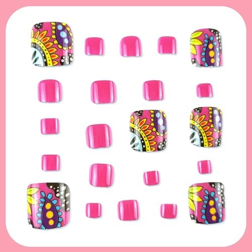 24PCS Hot Pink Press on Toenails Short Square Fake Toenails Summer False Toe Nails with Colorful Flower Design Glue on Toenail Artificial Beach Flower Full Cover Toenail Acrylic Toenails for Women - Image 5