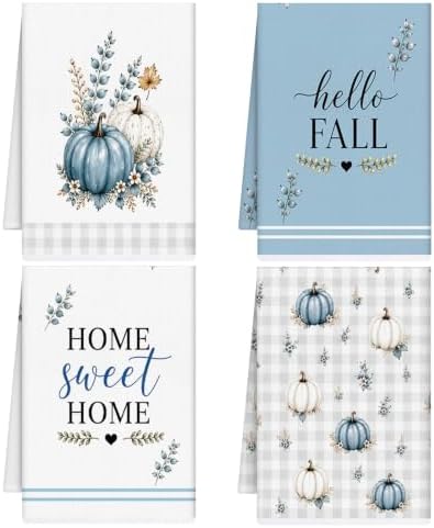 Fall Blue Pumpkin Kitchen Towels 4 PCS, Autumn Hand Towel, 16x24in by VISSTREE