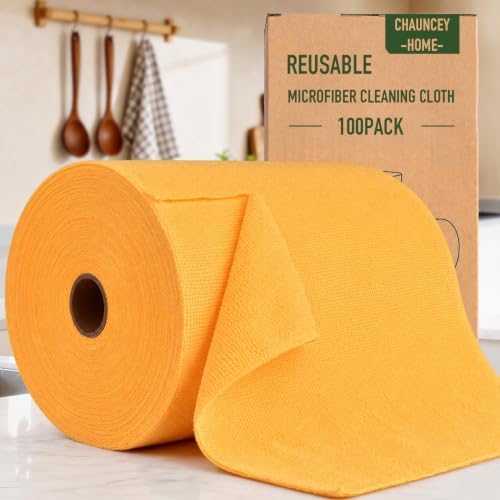 Microfiber Cleaning Cloth Roll–100 Pack, Tear Away Microfiber Towels, Reusable, Washable, Scratch-Free, Kitchen Towels for Car, Home, Kitchen, Glass, Dishes(Tangerine Yellow)