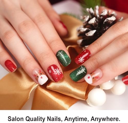 DANNI & TONI Semi Cured Gel Nail Strips Christmas Santa Claus Cat Eye Gel Nail Stickers 28 Stickers Gift for Woman | Mistletoe Meow