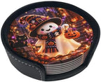Halloween Ghost and Pumpkin Coasters with Holder Leather Coasters for Drinks Set of 6 Funny Halloween Drink Coasters Sets for Living Room Kitchen Coffee Bar Holiday Decor